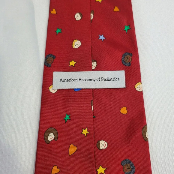 American Academy Of Pediatrics Red Necktie With Colorful Cartoon Faces & Stars - Picture 3 of 3
